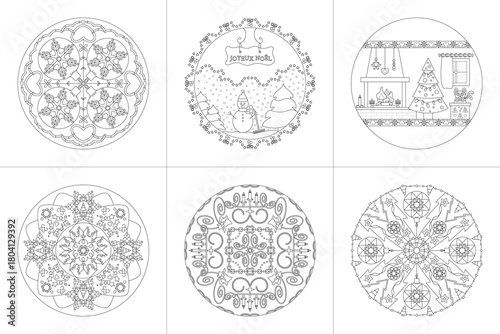 Mandalas. Christmas Theme. Coloring pages. Vector illustration. Set No. 3.