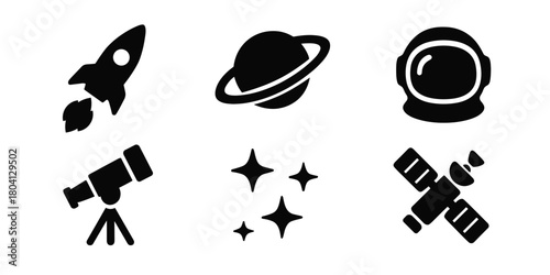 Silhouette space icons: rocket, planet, helmet, telescope, stars, satellite
