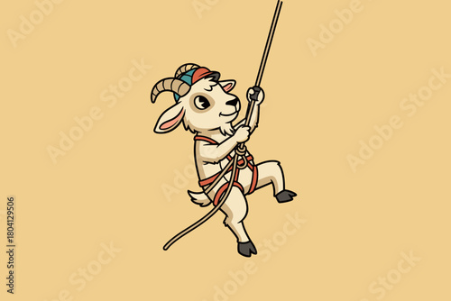 Cartoon goat climbing rope with harness and cap adventure concep
