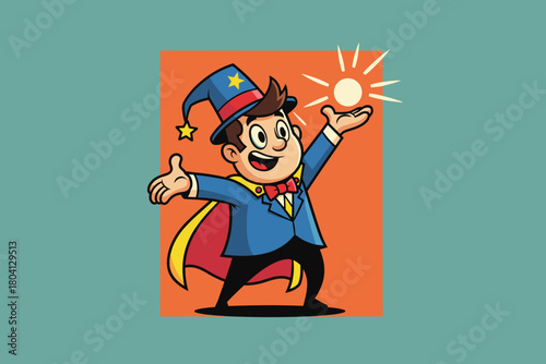 Cartoon magician performing a magic trick with a glowing orb.