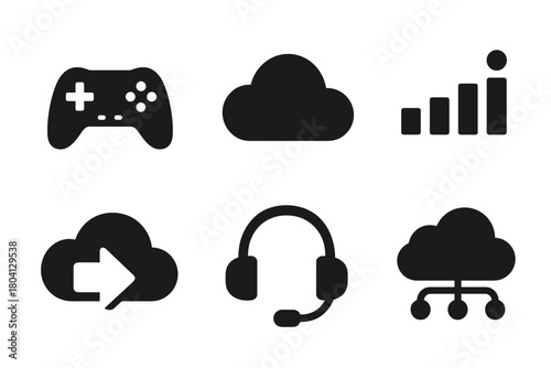 Silhouette icons: game controller, cloud computing, communication, and data flow