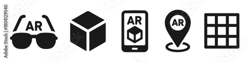 Ar technology icons: glasses, cube, mobile, location, grid symbols