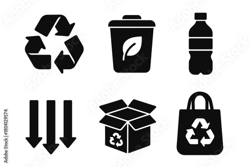 Eco-friendly icons set with recycling symbols and sustainable products in solid style