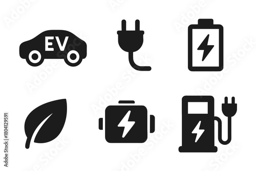 Electric vehicle icons set featuring charging, battery, and eco-friendly symbols