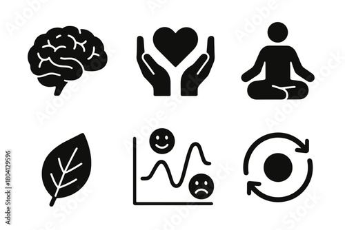 Wellness icons set: meditation, brain, heart, leaf, emotion, cycle in black silhouette style