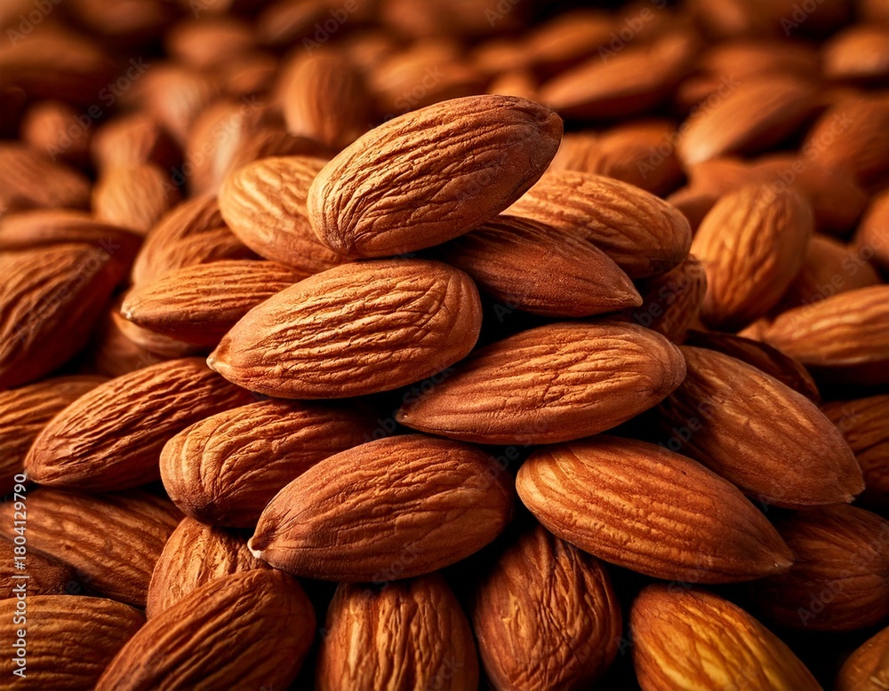 Fototapeta premium Appetizing almonds are stacked high, showcasing their brown shells and healthy snack appeal .jpg