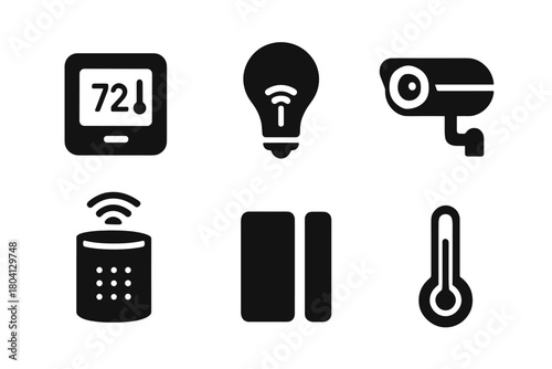 Smart home icon set: thermostat, light bulb, security camera, speaker, thermometer