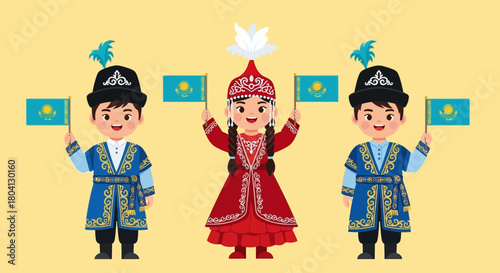 Joyful children in traditional Kazakh dress celebrate Kazakhstan's Independence Day, holding national flags and a dove of peace, symbolizing unity and national pride in a vibrant illustration