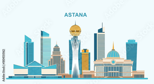 Commemorate Kazakhstan's Independence Day with this modern vector cityscape, showcasing the unique and iconic architectural wonders of the nation's capital