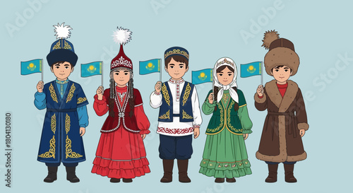 Children in traditional Kazakh clothing celebrating Kazakhstan's Independence Day with flags