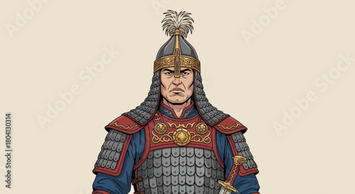 Majestic illustration of an ancient Central Asian warrior, representing the enduring strength and historical valor that symbolize Kazakhstan's Independence Day