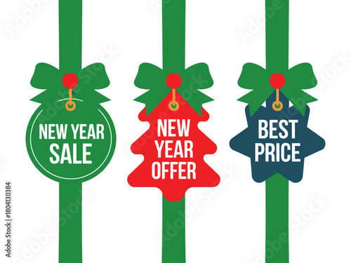 Three festive New Year sale tags, one circular with 'NEW YEAR SALE', one Christmas tree shaped with 'NEW YEAR OFFER', and one starburst shaped with 'BEST PRICE', all adorned with green bows and red