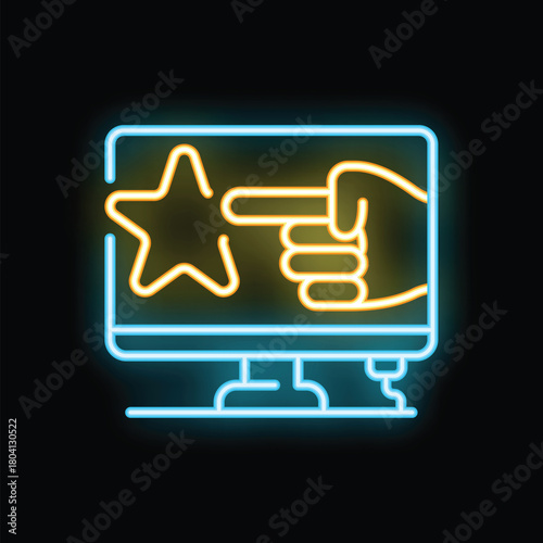 Neon sign of a hand pointing a star on a computer screen on a black background