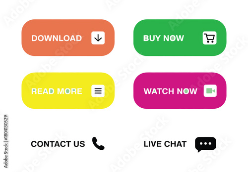 A collection of four colorful rounded buttons with different calls to action and icons, placed above two text labels with corresponding icons on a white background.