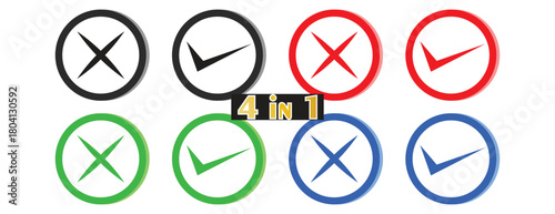 Checkmark and Cross Mark Circle Icons, Acceptance Rejection Confirmation Symbol Set, Black Red Green Blue Vector