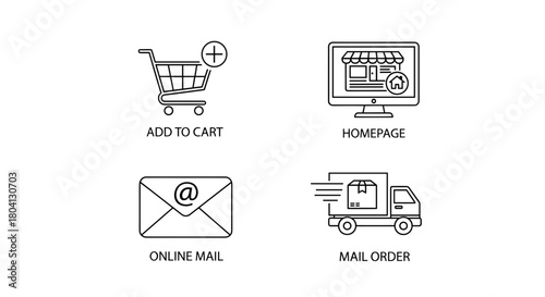 Icons representing online shopping and delivery services.