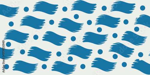 A repeating pattern of blue brush strokes and dots on a white background creating a simple design