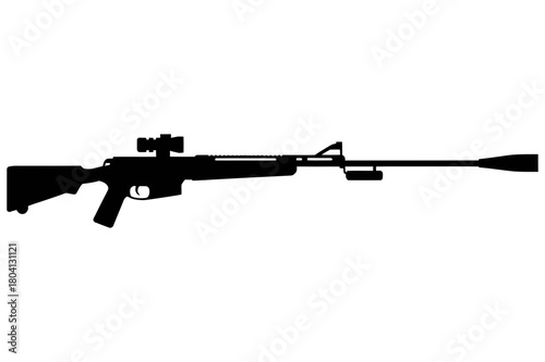 Silhouette illustration of a black sniper rifle with a scope and a long barrel on white background