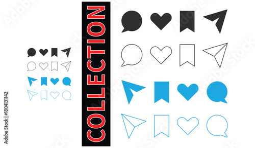 Social Media Reaction and User Engagement Icon Collection, Heart Like Share Save Comment Symbols, Flat and Outline
