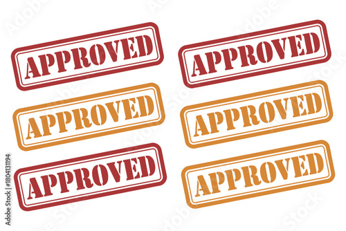 A grid of six rubber stamps, three red and three orange, all imprinted with the word "APPROVED" on a white background, signifying official endorsement and acceptance.
