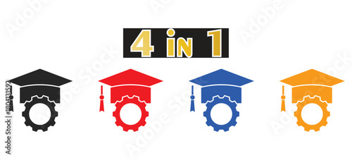 Engineering and Education Synergy Icon Set, Graduation Cap with Gear Symbol, Black Red Blue Orange Options, Flat Vector Collection
