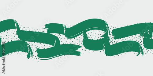 A graphic design featuring green brush strokes and small dots on a white background in a simple style