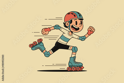 Cartoon Boy Roller Skating Fast with Protective Gear.