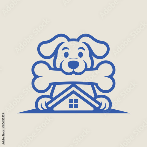 Dog Bone House Logo: Cute Pet Care Mascot with Happy Dog and Home Icon in Blue Outline