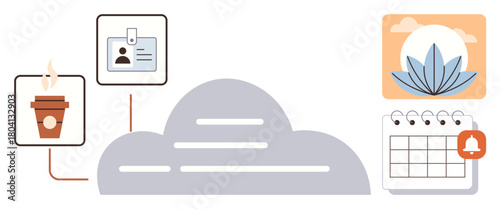Central cloud connects steaming coffee, ID badge, scenic plant imagery, and reminder calendar. Ideal for productivity, workflows, mindfulness, scheduling, data integration remote work or digital