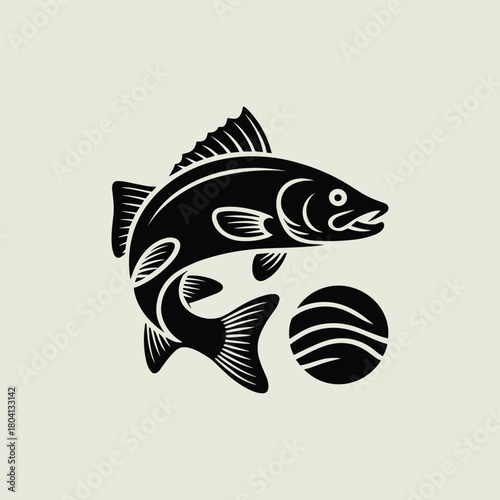 Detailed Fish Logo Vector Bass or Perch with Water Circle, Seafood and Fishing Emblem