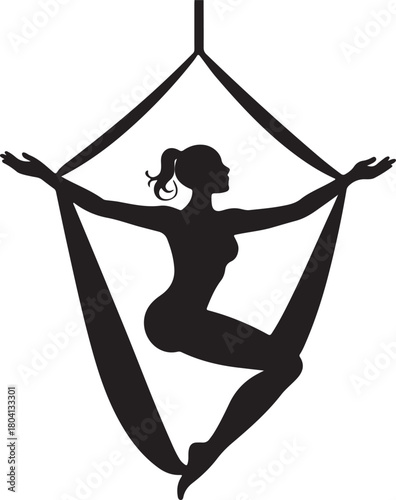 Aerial yoga pose, black silhouette of a woman suspended in a silk hammock