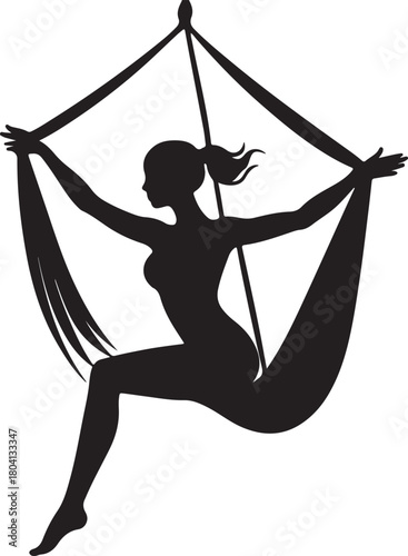 Aerial yoga pose, black silhouette of a woman suspended in a silk hammock