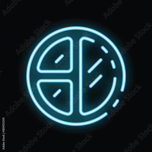 Blue neon icon of a cake divided into five slices, glowing on black background