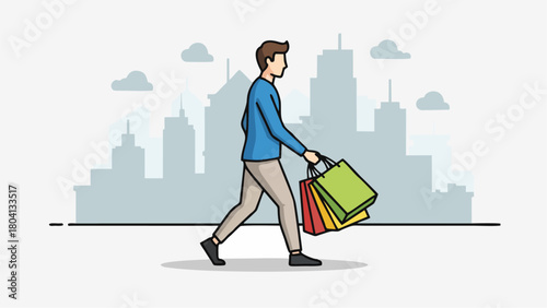 Man Walking with Shopping Bags in City Vector Illustration