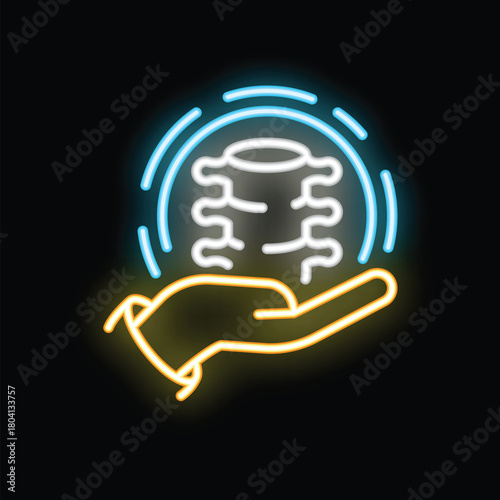 Neon sign representing a spinal column over an open hand, a great concept for chiropractic