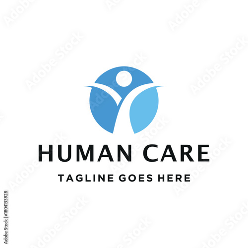 Modern Human Care with minimalist abstract person in a blue circle for Health Well-being freedom support or healthcare community service logo design