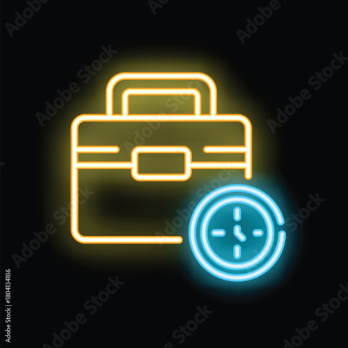 Glowing neon icon of a briefcase and a clock, representing work hours and time management
