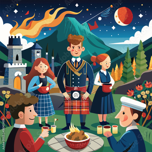 Scottish Burns Night Celebration Vector Illustration – Traditional Highland Gathering Scene