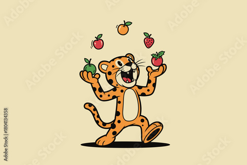 Cartoon Cheetah Juggling Fruits with Joyful Expression.