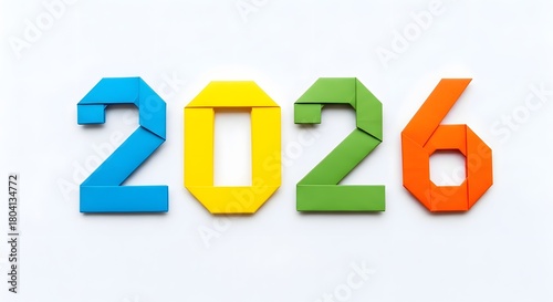 Colorful origami numbers forming the year 2026 isolated on grey white background