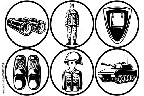 Military Icons Set Soldier Tank Binoculars Equipment Black and White Vector