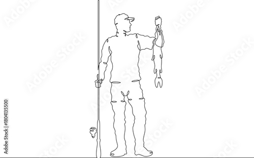 a fisherman with a caught fish. Fisherman with a spinning rod. Linear . One continuous line isolated minimalist illustration. Not AI.
