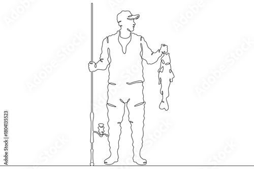 a fisherman with a caught fish. Fisherman with a spinning rod. Linear . One continuous line isolated minimalist illustration. Not AI.