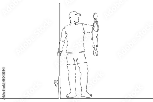 a fisherman with a caught fish. Fisherman with a spinning rod. Linear . One continuous line isolated minimalist illustration. Not AI.