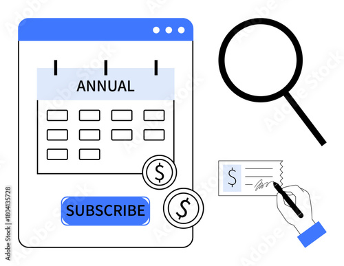 Annual calendar, subscription call-to-action, magnifying glass, payment coins, signature on receipt. Ideal for payment, planning, contracts, subscription management user agreements business simple