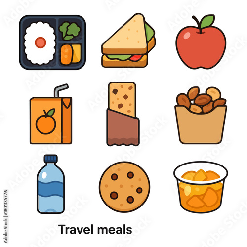 Travel meals collection: sandwich, apple, drink, snack bar, bottled water, cookie, fruit cup.