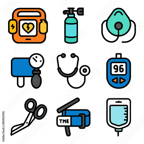 Medical equipment set: defibrillator, oxygen tank, stethoscope, thermometer, scissors, iv bag.