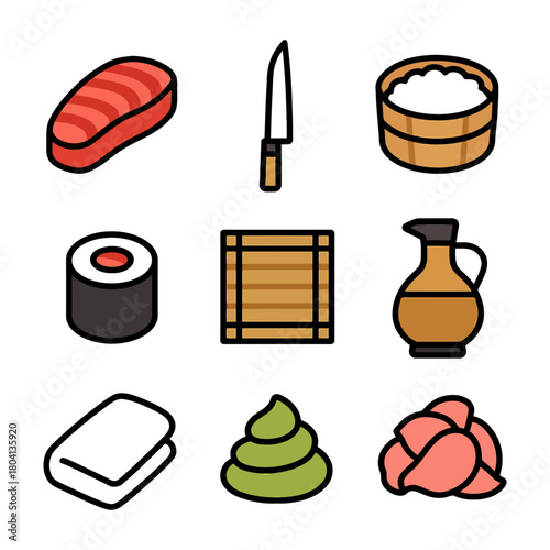 Japanese cuisine icons: sushi, fish, rice, knife, soy sauce, tea, wasabi, mochi.