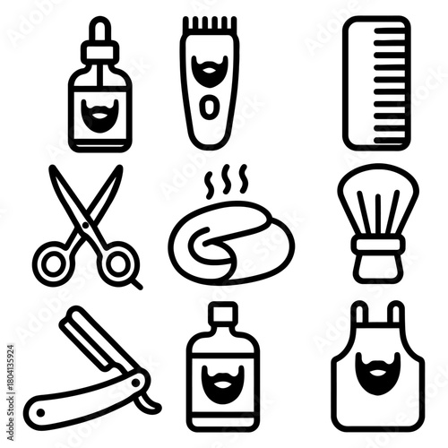 Icon set of beard grooming tools: scissors, razor, comb, clippers, oil, shaving brush, apron.