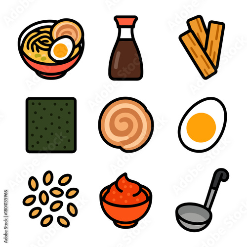 Assorted ramen ingredients icons with noodles, egg, sauce, seaweed, and toppings.